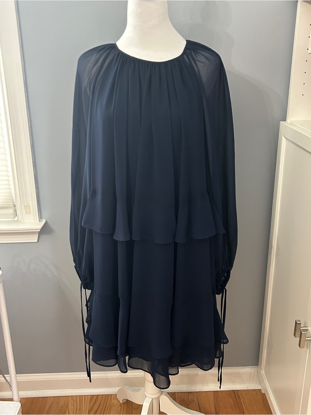 Parker Tiered Chiffon Long Sleeve Ruffle Dress Navy Blue Size 12 Cocktail Party
